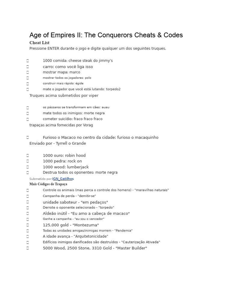 Cheats e Códigos para Age of Empires II | PDF | Trapacear em videogames ...