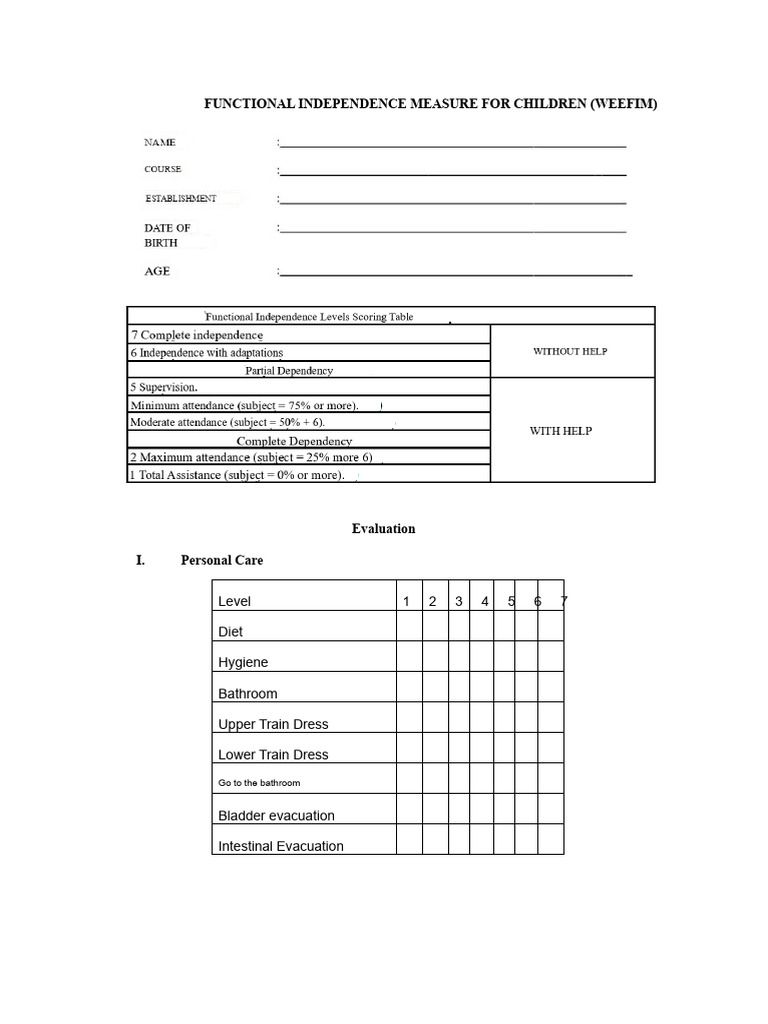 WEEFIM: Children's Functional Independence Assessment | PDF