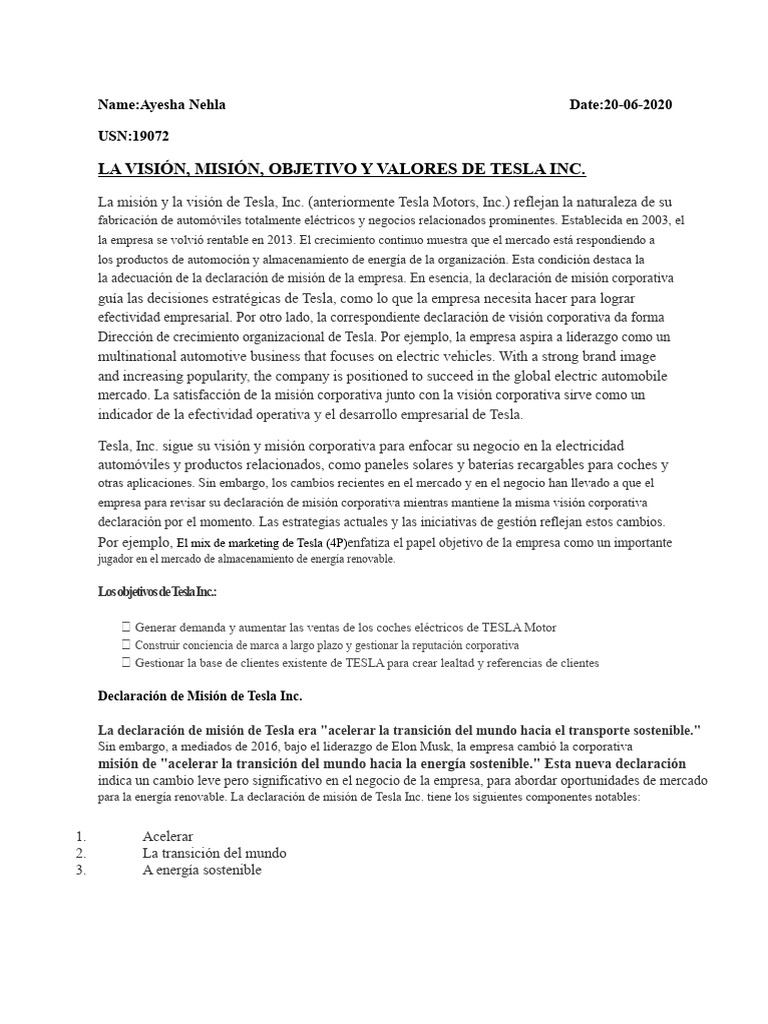 Misión y Visión de Tesla Inc. | PDF | Business | Energía sostenible