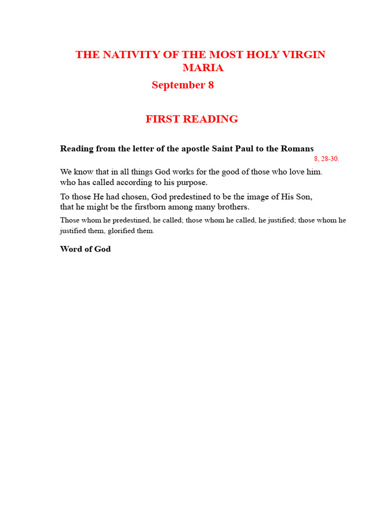 Nativity of the Virgin Mary: Readings | PDF