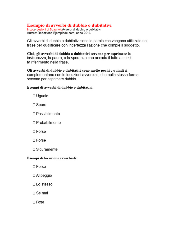 Esempio Di Avverbi Di Dubbio o Dubitativi | PDF