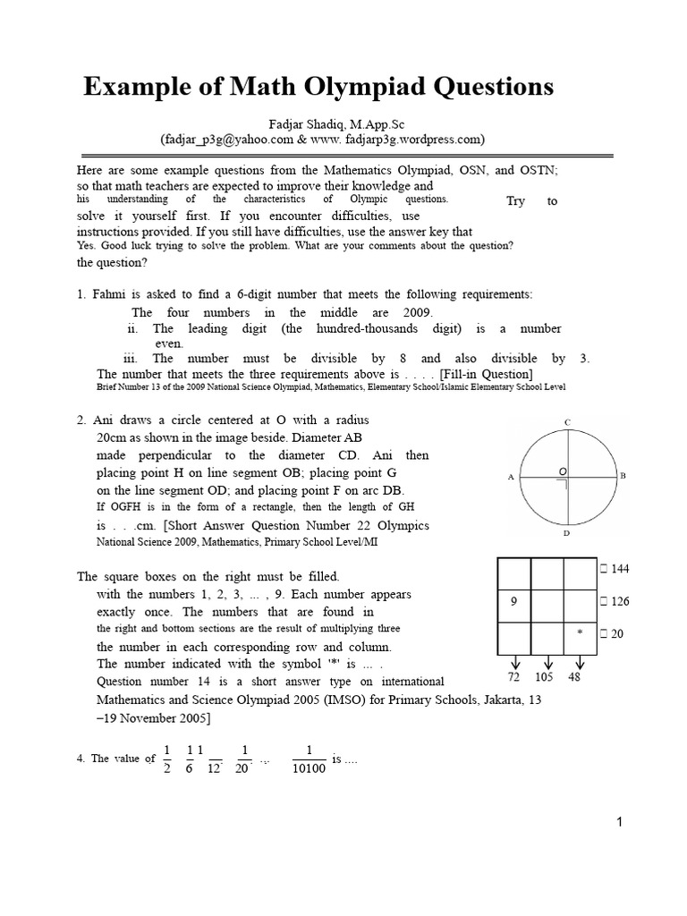 Sample Questions For The Mathematics Olympics | PDF | Circle | Mathematics