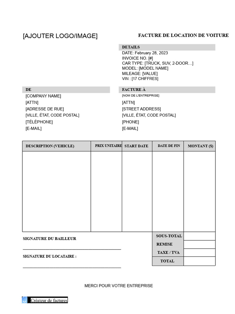 Facture De Location De Voiture 2023 PDF