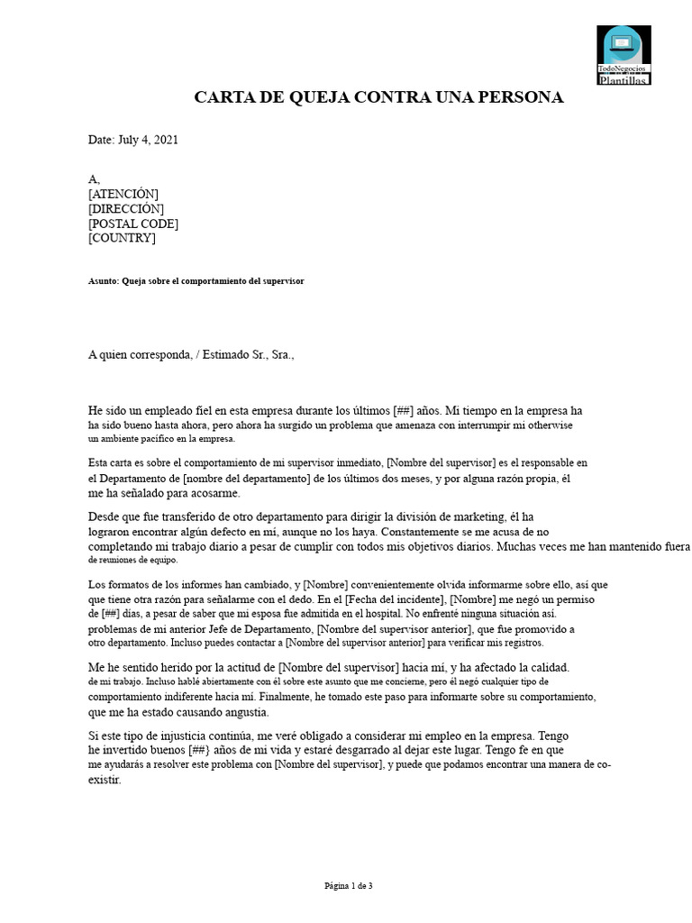 Muestra de Carta de Queja Formal Contra Una Persona o RRHH | PDF