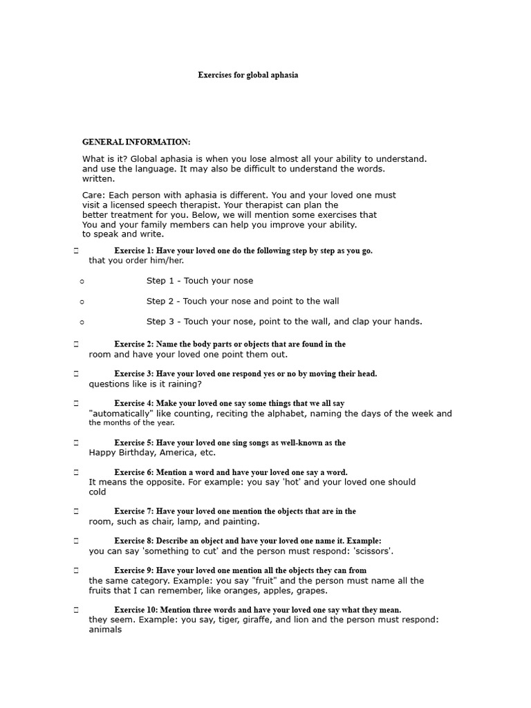 Exercises to Improve Global Aphasia Skills | PDF | Aphasia | Speech