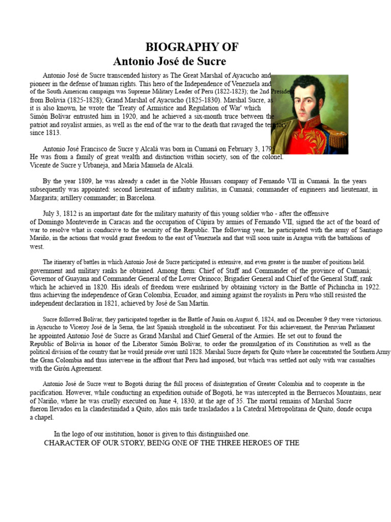 Biography of Antonio Jose de Sucre | PDF | Spanish Colonization Of The ...