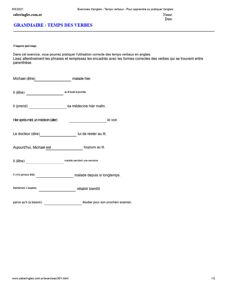Exercices sur les temps verbaux en anglais | PDF