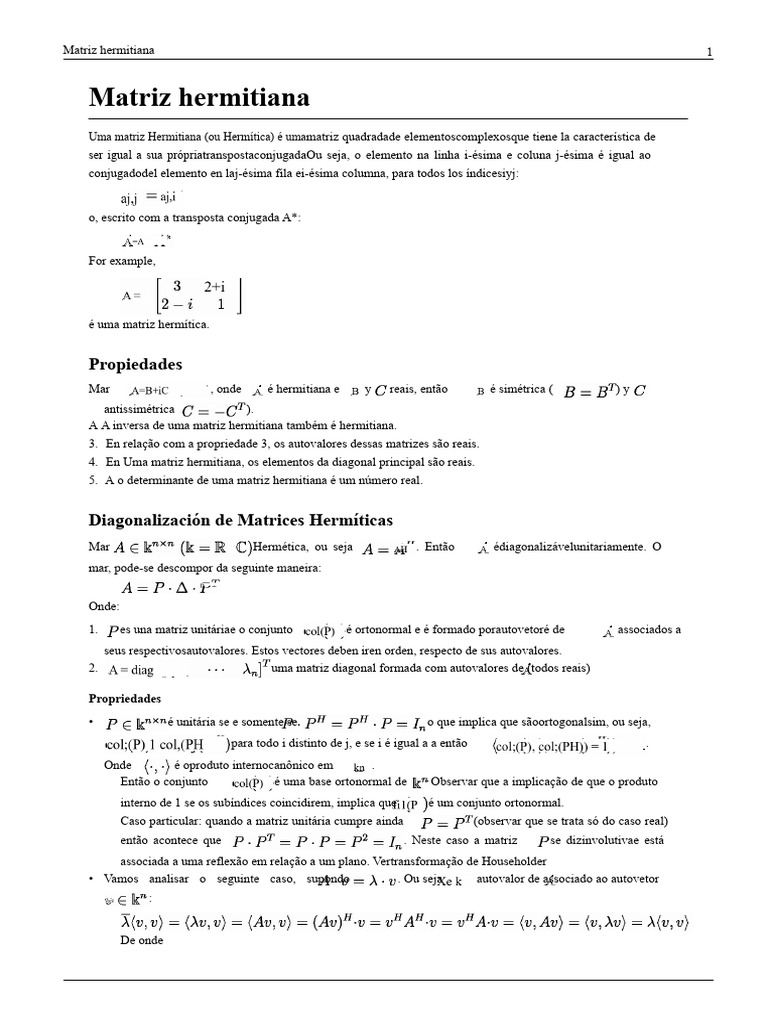 Matriz Hermitiana | PDF | Autovalores e autovetores | Matriz (Matemática)