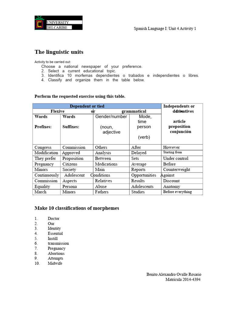 Spanish Language Morpheme Classification Activity | PDF