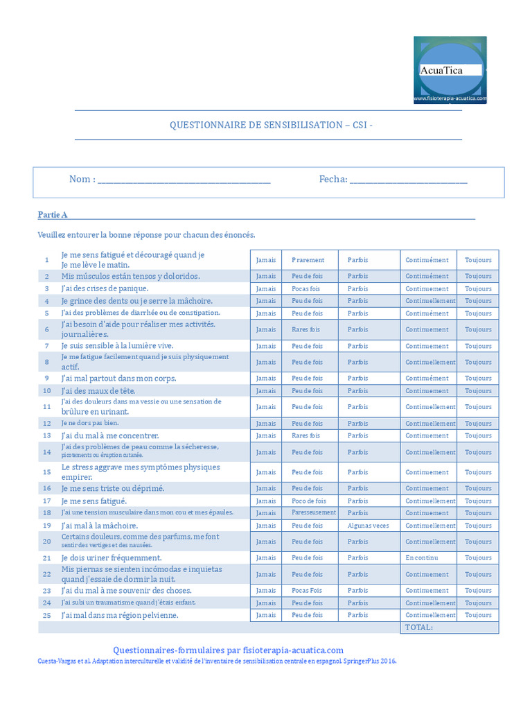 Questionnaire de Sensibilisation CSI | PDF | Fibromyalgie | Céphalée