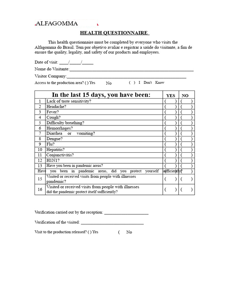 Alfagomma Visitor Health Questionnaire | PDF