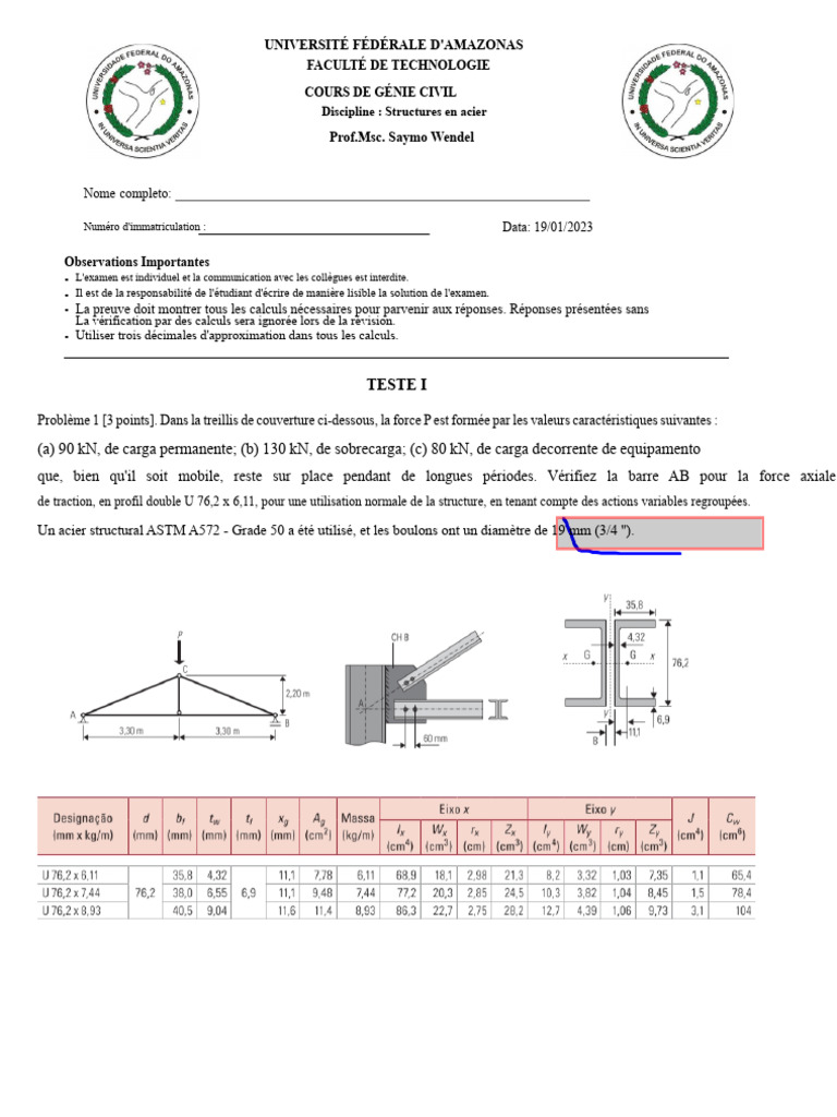 Examen de Structures en Acier - Génie Civil | PDF | Treillis ...