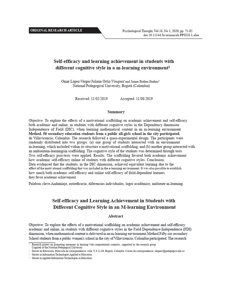 Self-Efficacy in M-Learning: Cognitive Styles | PDF | Self Efficacy ...
