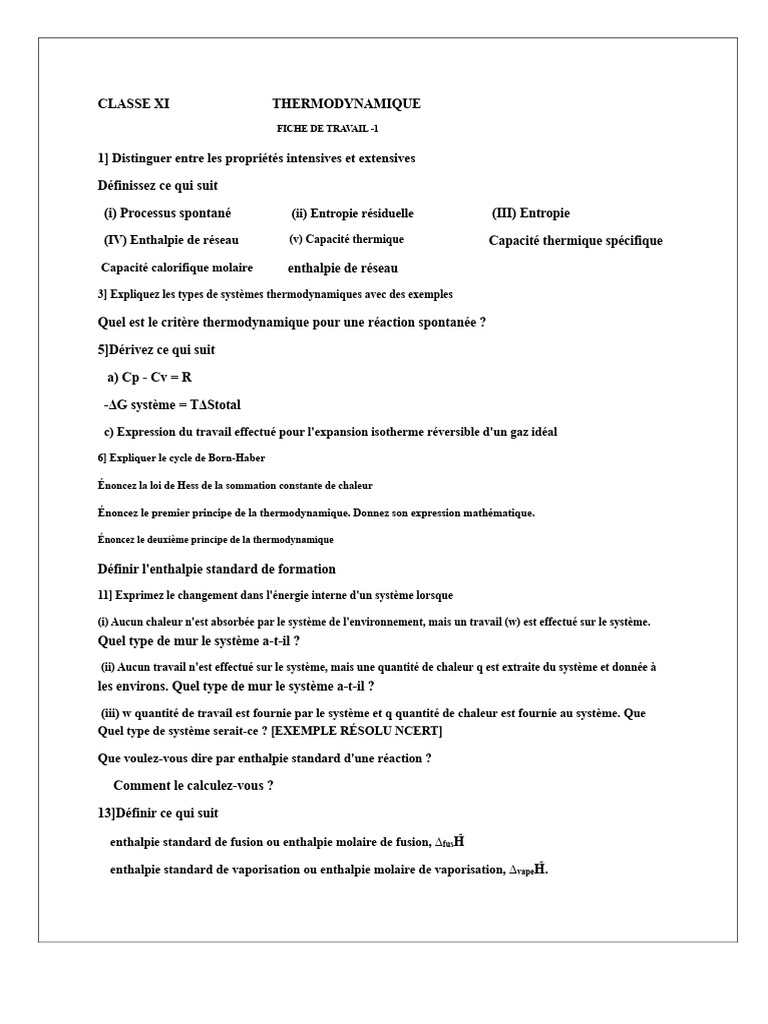 Concepts clés de thermodynamique en classe XI | PDF | Thermodynamique ...