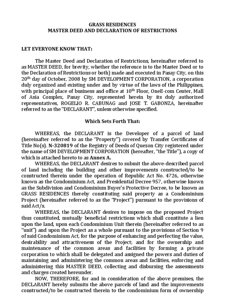 Grass Residences Master Deed & Restrictions | PDF | Covenant (Law) | Lease