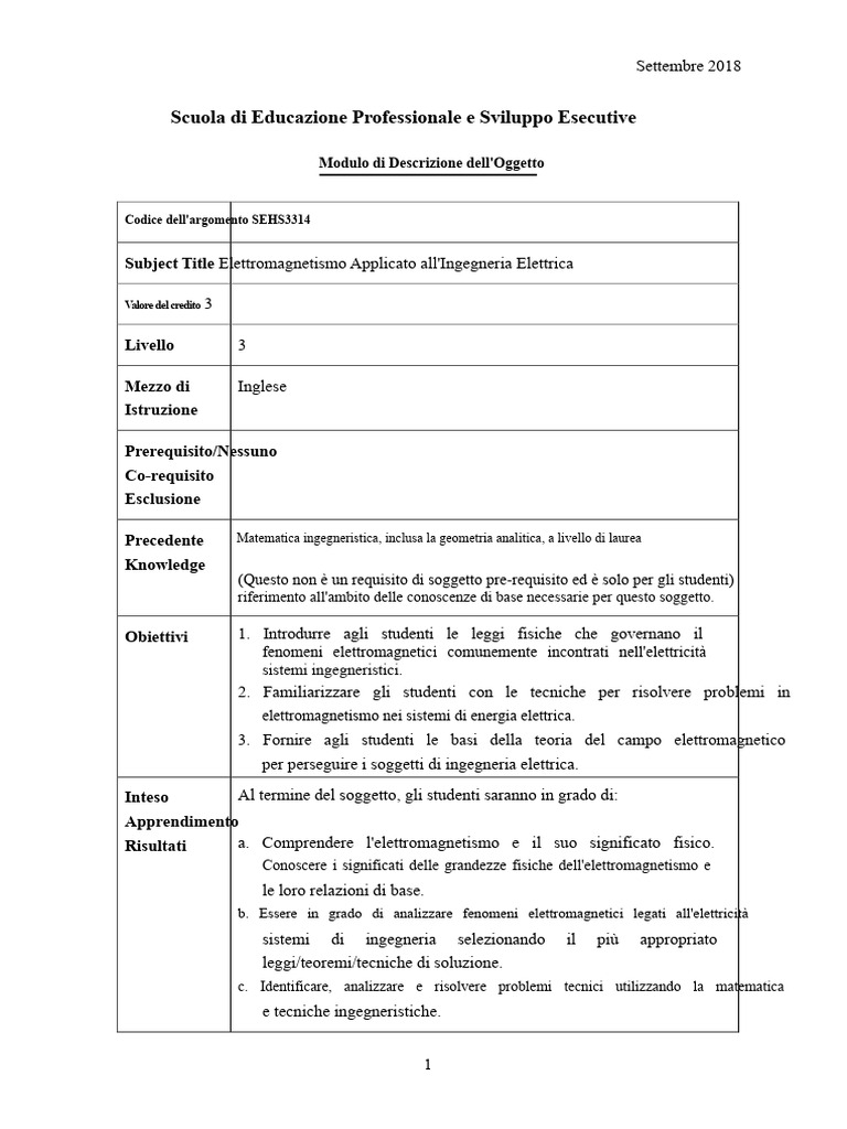 SEHS3314 Elettromagnetismo Applicato All'ingegneria Elettrica | PDF