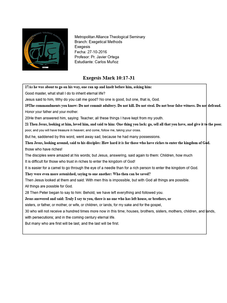 Exegesis of Mark 10:17-31 Analysis | PDF | Jesus | Gospel Of Mark