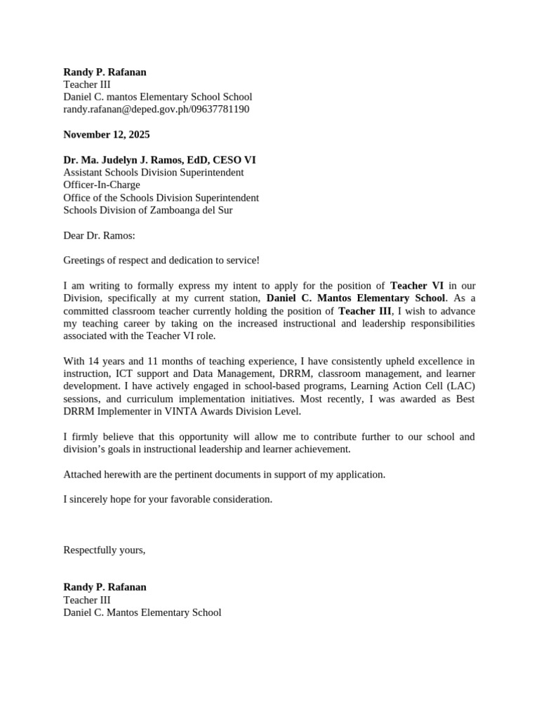 Application for Teacher VI Position | PDF