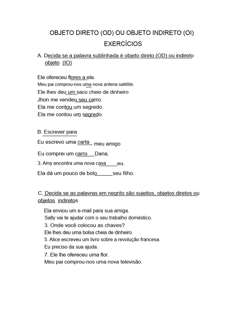 Exercícios sobre Objetos Diretos e Indiretos | PDF