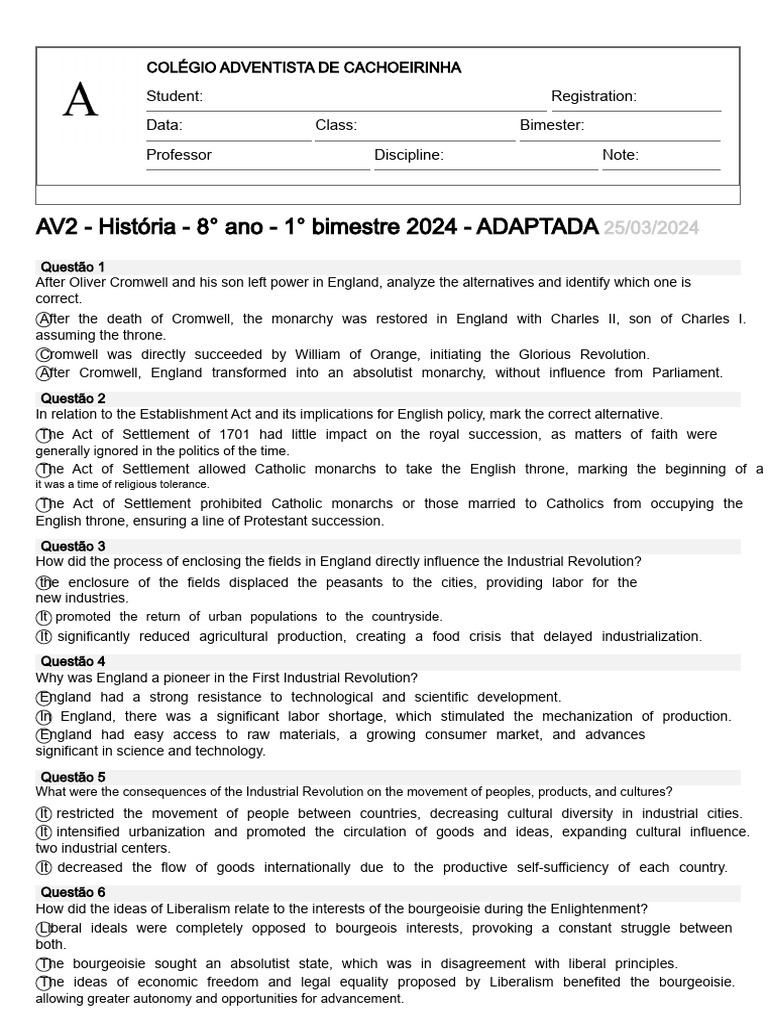ADAPTED TEST - HISTORY - 8TH GRADE | PDF | Age Of Enlightenment ...