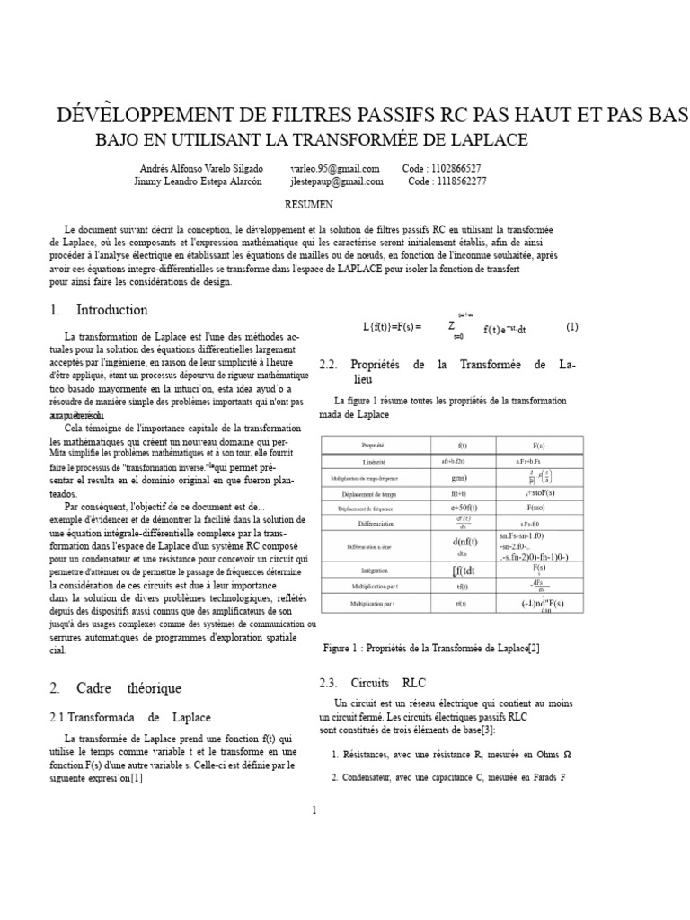 Filtres passifs RC avec la transformée de Laplace PDF Filtre — free download