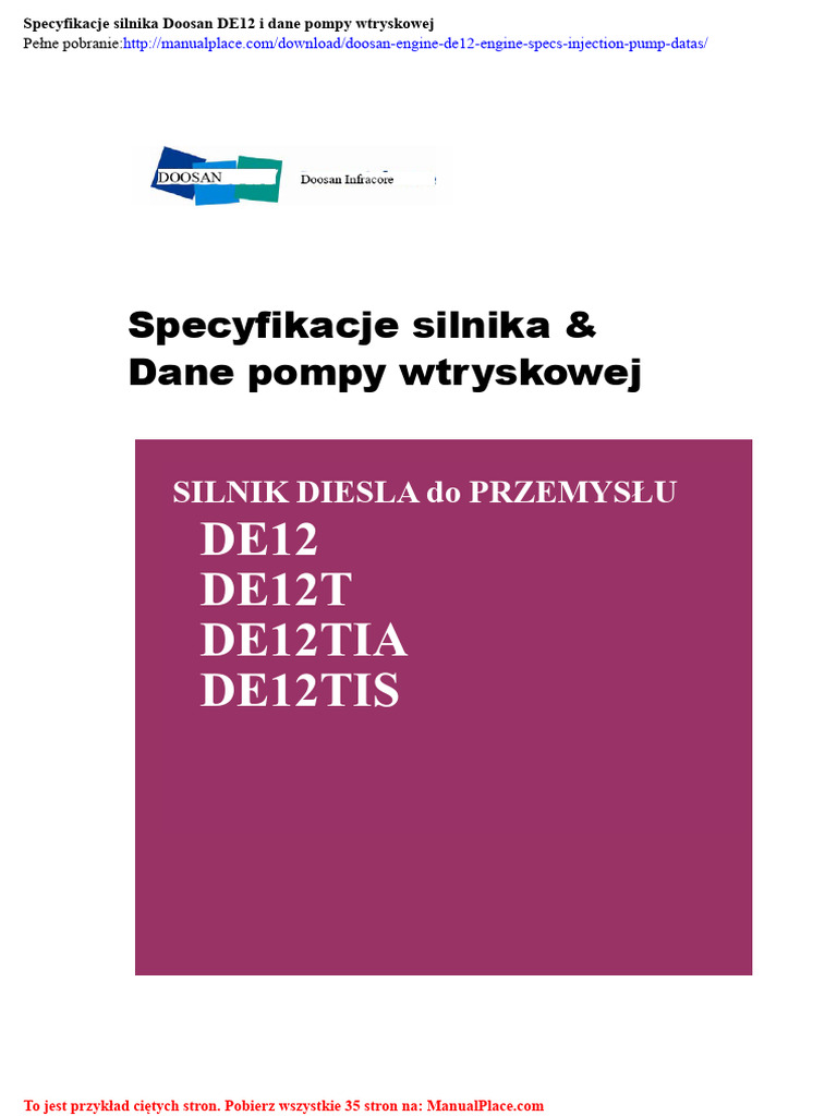Dane Silnika Doosan De12 Specyfikacje Silnika Pompa Wtryskowa | PDF