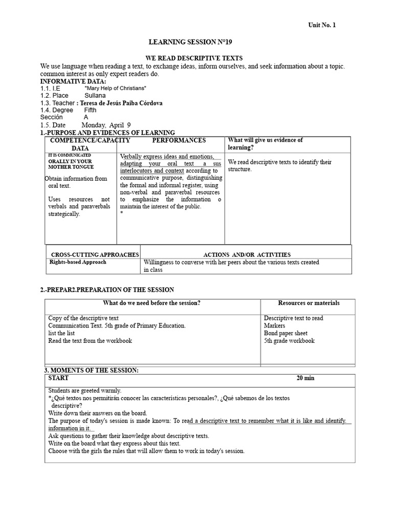 Descriptive Text Reading Session Guide | PDF