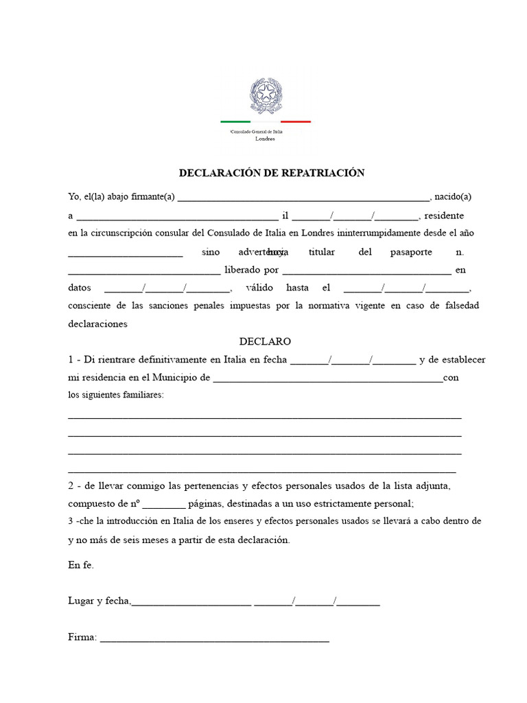 Declaración de Repatriación a Italia | PDF