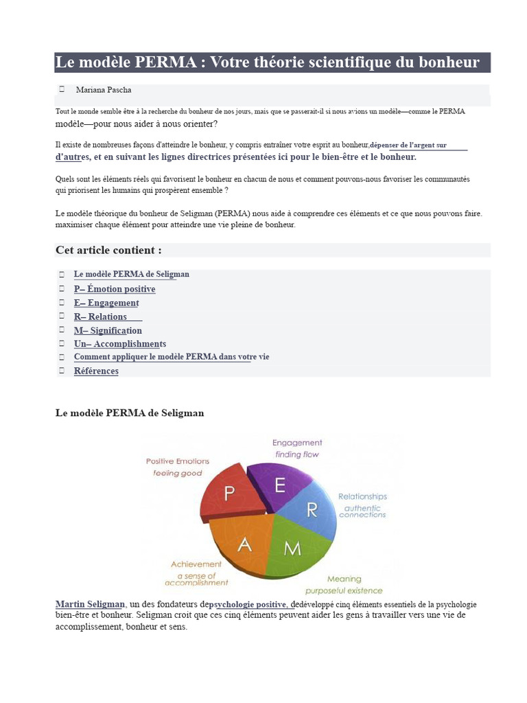 Modèle PERMA : Clés du bonheur durable | PDF | Bonheur | Psychologie