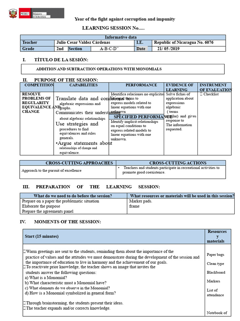 SESSION - OPERATIONS OF ADDITION AND SUBTRACTION WITH MONOMIALS | PDF ...
