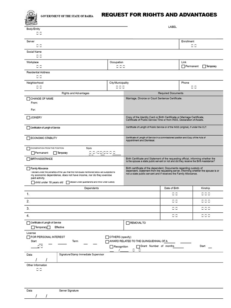 Bahia Government Rights Request Form | PDF | Family | Birth Certificate