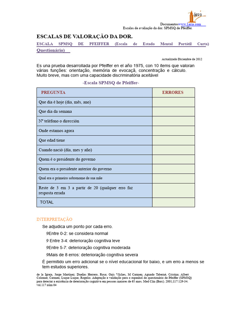 Escala SPMSQ de Pfeiffer: Avaliação Cognitiva | PDF