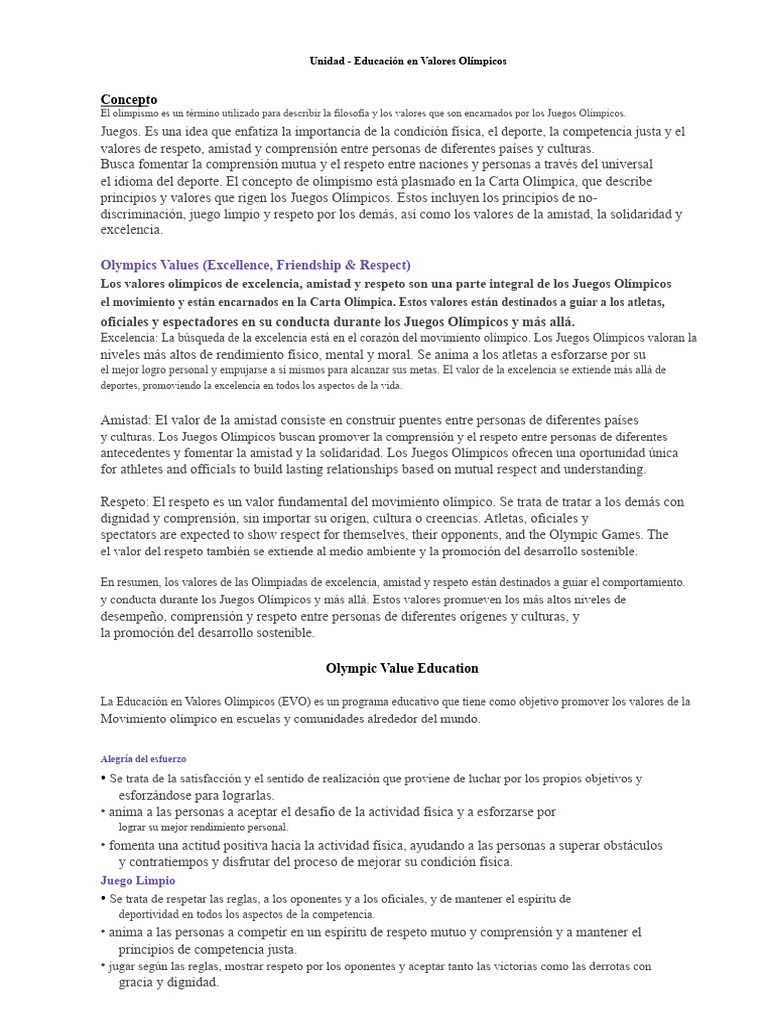 Educación en Valores Olímpicos: Excelencia y Respeto | PDF | Juegos ...