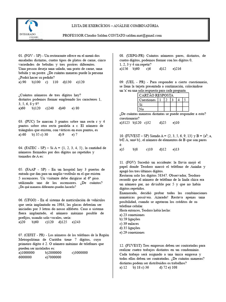 Ejercicios de Análisis Combinatorio | PDF | Combinatoria | Conceptos ...