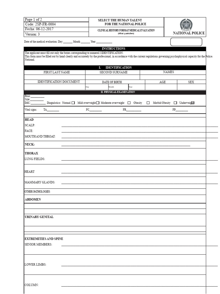 National Police Medical Evaluation Form | PDF | Pathology | Medical ...