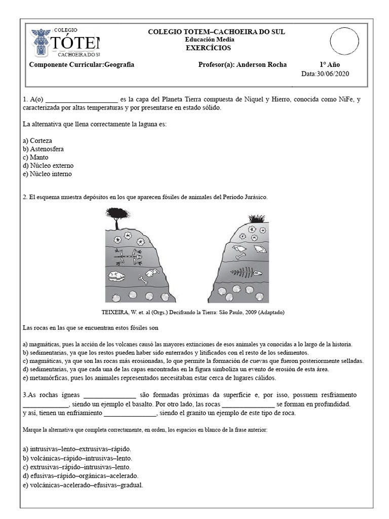 Ejercicios - Capas de La Tierra y Rocas | PDF | Roca (geología) | Roca ...