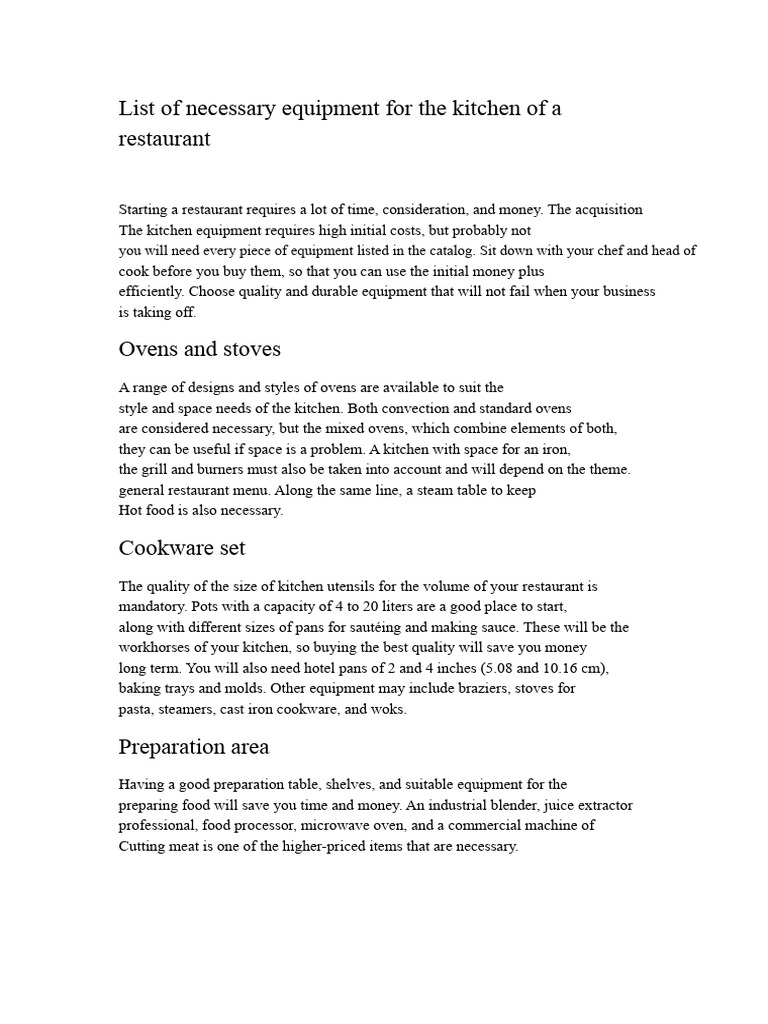Essential Restaurant Kitchen Equipment List | PDF | Grilling | Oven