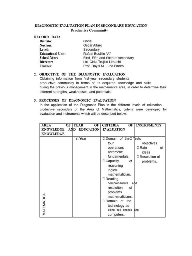 Secondary Education Diagnostic Evaluation Plan | PDF | Mathematics ...