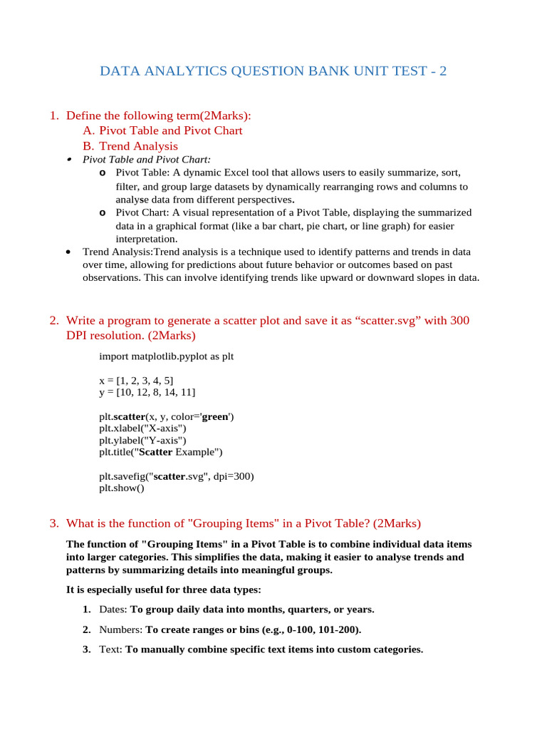 Data Analytics Unit Test Question Bank | PDF | Microsoft Excel | Computing