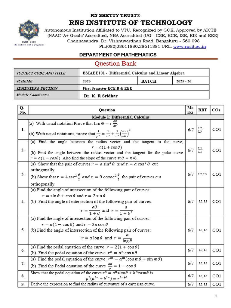 Differential Calculus & Linear Algebra QBank | PDF | Curvature ...
