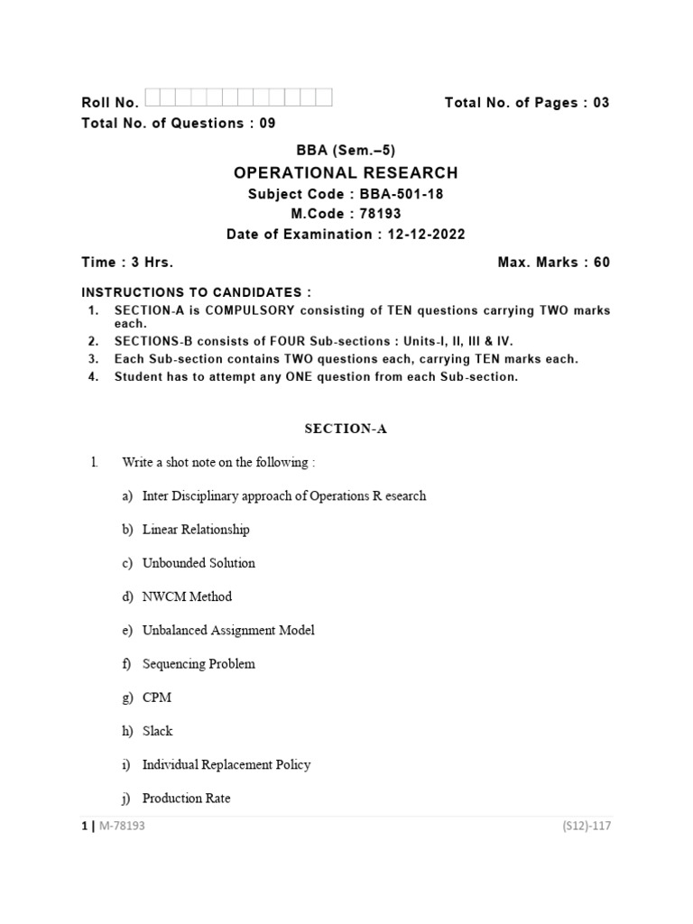 BBA Operational Research Exam Paper | PDF | Mathematical Optimization ...