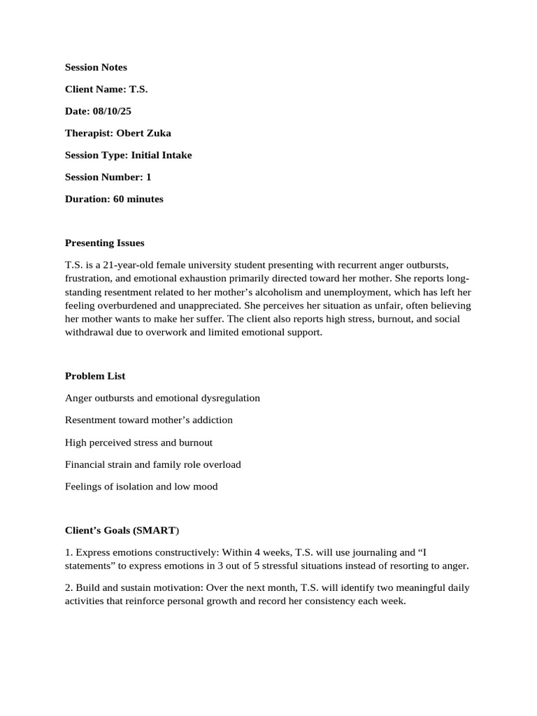 Initial Intake Session Notes for T.S. | PDF | Anger | Occupational Burnout