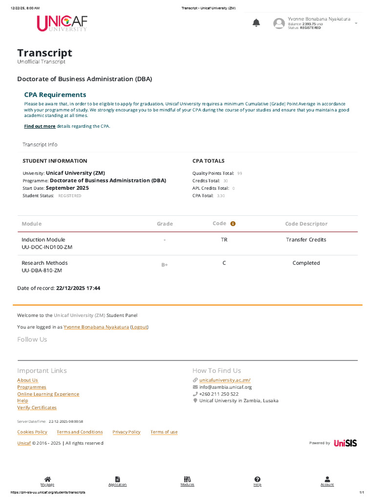 Unicaf University DBA Transcript Overview | PDF | Certified Public ...