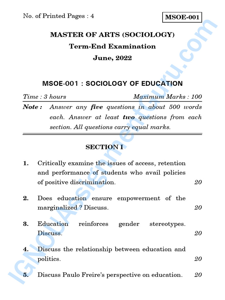 Sociology of Education Exam Questions | PDF
