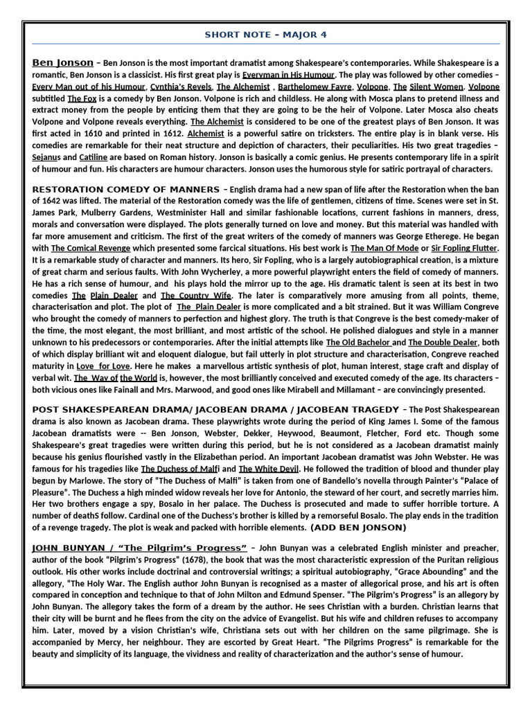 SHORT NOTE - MAJOR 4 | PDF | Ben Jonson | John Milton