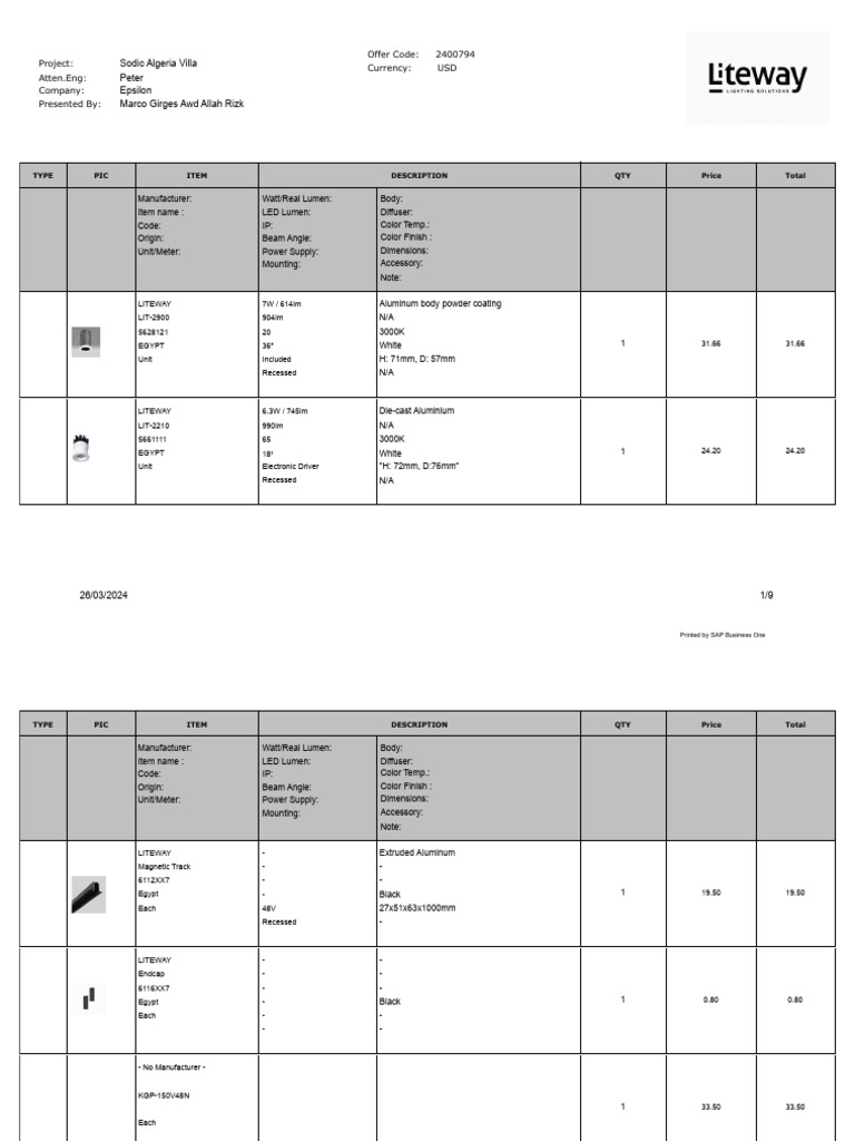 Lighting Product Quotation for Egypt | PDF