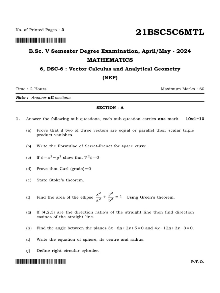 Vector Calculus Exam Questions 2024 | PDF | Sphere | Line (Geometry)