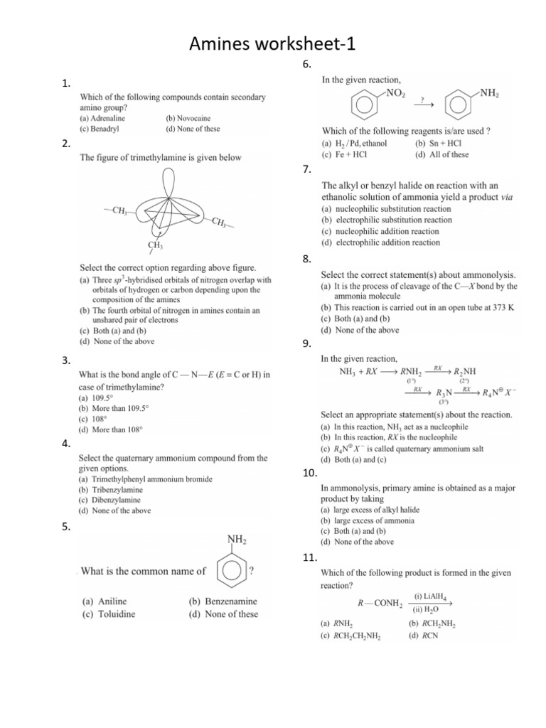 Amines Worksheet with Answers | PDF