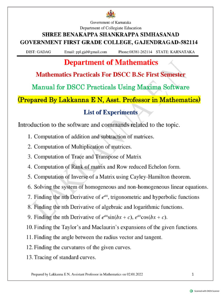 Maths Practicals Manual for B.sc I NEP by Lakkanna E N-1 | PDF