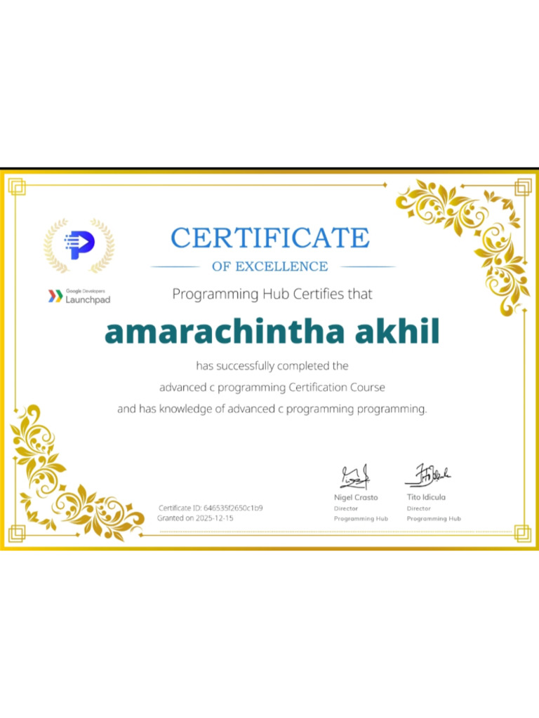 Amarachintha Akhil's C Language Certificate | PDF
